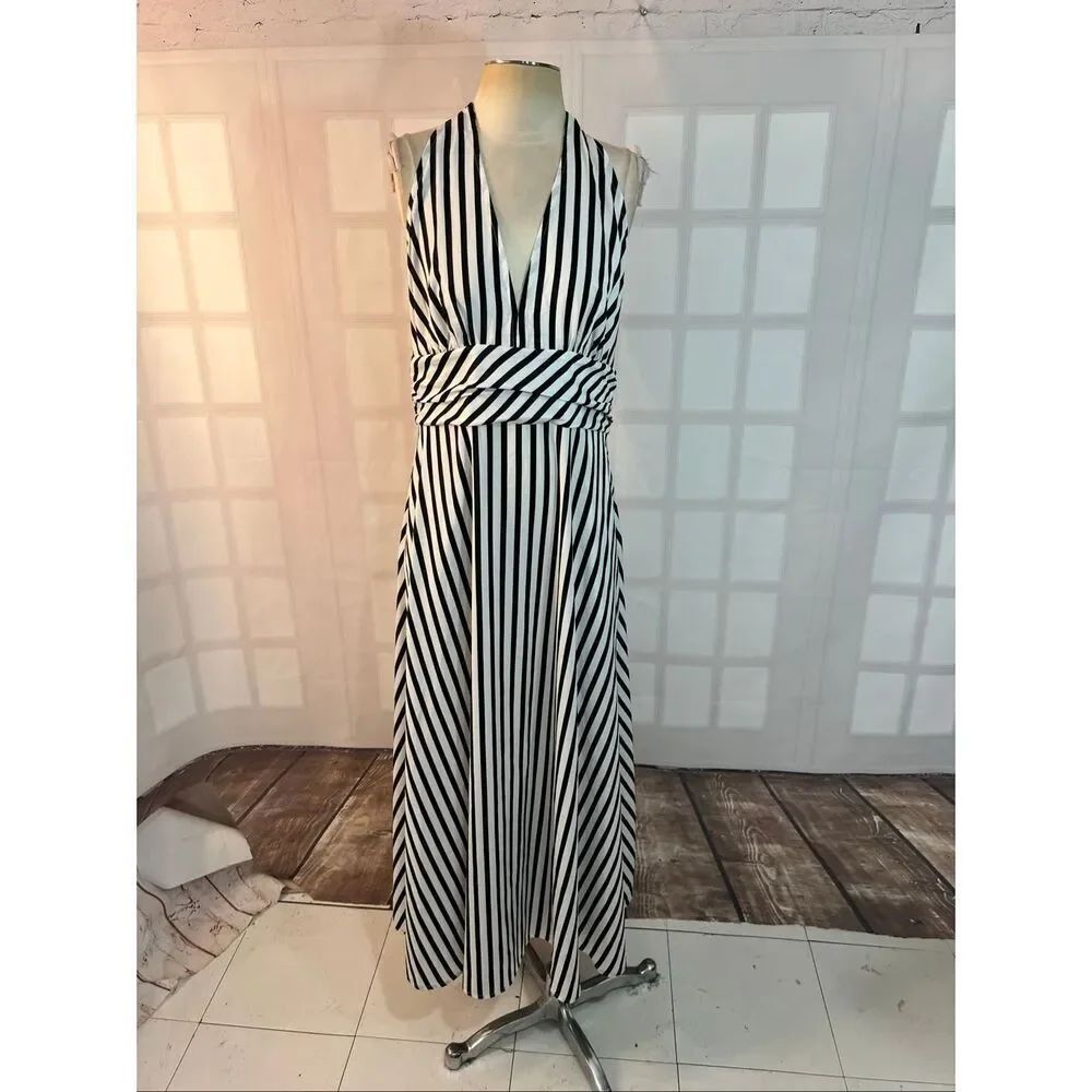 Cupshe NWT Black White Stripe Halter V-Neck Open Back Maxi Dress Large